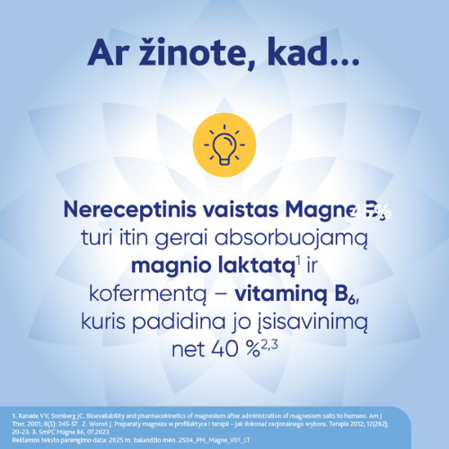 MAGNE B6 tabletės - klinikiniais tyrimais patvirtintas magnio trūkumo sukeltų simptomų gydymas. Tinka vartoti nuo 6 metų. Magnis MAGNE B6 470mg/5mg, 60 tab. | Mano Vaistinė