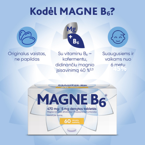 MAGNE B6 tabletės - klinikiniais tyrimais patvirtintas magnio trūkumo sukeltų simptomų gydymas. Tinka vartoti nuo 6 metų. Magnis MAGNE B6 470mg/5mg, 60 tab. | Mano Vaistinė