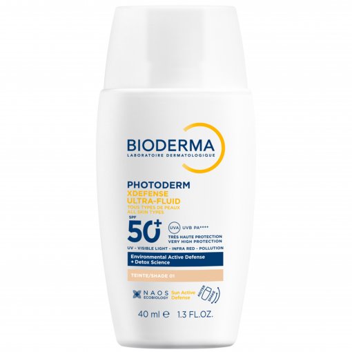 Labai aukštos apsaugos ir itin lengvos tekstūros Apsauginis fluidas nuo saulės su spalva BIODERMA PHOTODERM XDEFENSE SPF50+, 40 ml | Mano Vaistinė
