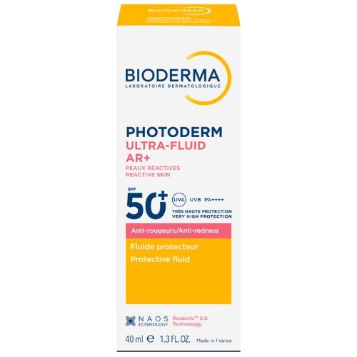 Tinka naudoti kaip makiažo pagrindą, jautriai odai Raustančiai odai fluidas nuo saulės BIODERMA PHOTODERM ULTRA-FLUID AR+ SPF50+, 40ml | Mano Vaistinė