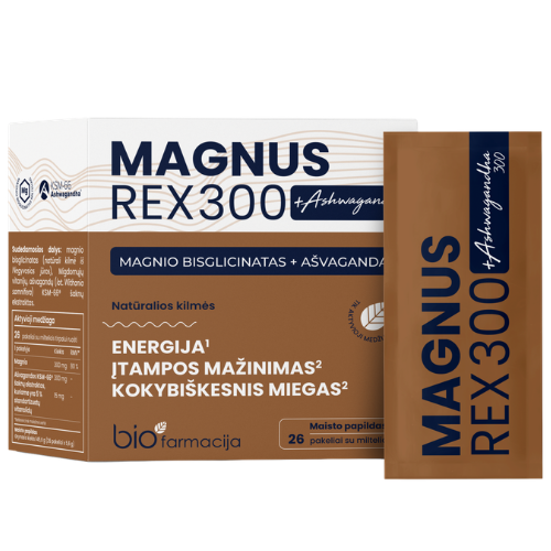 Ašvaganda su magnio bisglicinatu  Energijai, stresui ir miegui BIOFARMACIJA MAGNUS REX300 + Ashwagandha 300, 28 paketėlių | Mano Vaistinė