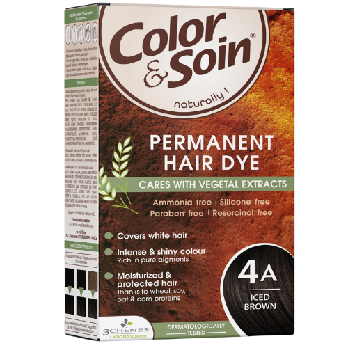 Pažeistiems ir silpniems plaukams. Tinka besilaukiančioms, žindančioms Ilgalaikiai plaukų dažai COLOR & SOIN, ledinė ruda (4A), 135 ml | Mano Vaistinė
