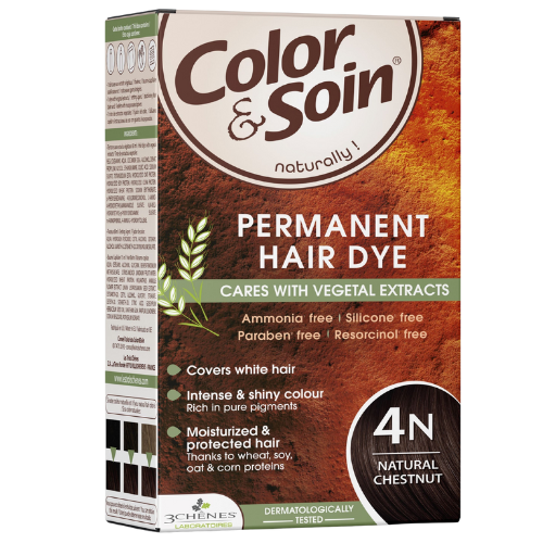 Pažeistiems ir silpniems plaukams. Tinka besilaukiančioms, žindančioms Ilgalaikiai plaukų dažai COLOR & SOIN, natūrali kaštoninė (4N), 135 ml | Mano Vaistinė