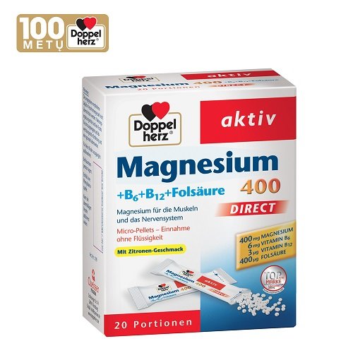 Magnio preparatas Doppelherz Magnesium 400 Direct magnio paketėliai, N20 | Mano Vaistinė