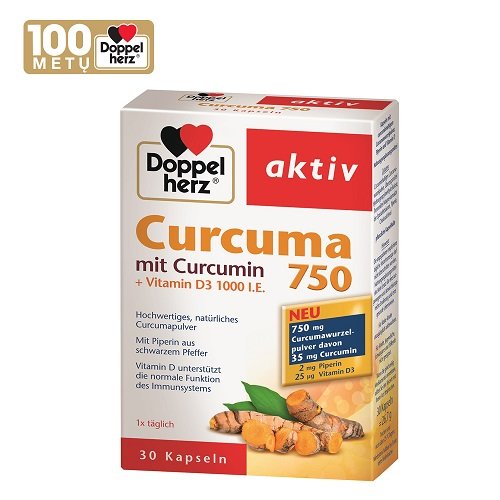Maisto papildas imunitetui Doppelherz aktiv Curcuma 750 mg kapsulės N30 | Mano Vaistinė