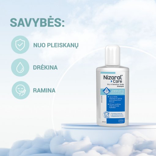 Nuramina ir suteikia galvos odai palengvėjimą Šampūnas jautriai galvos odai NIZORAL CARE DRY & SENSITIVE SCALP, 200 ml | Mano Vaistinė