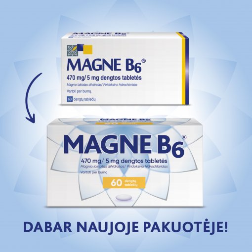 MAGNE B6 tabletės - klinikiniais tyrimais patvirtintas magnio trūkumo sukeltų simptomų gydymas. Tinka vartoti nuo 6 metų. Magnis MAGNE B6 470mg/5mg, 60 tab. | Mano Vaistinė