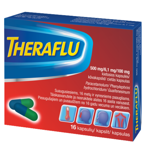 Kietosios kapsulės nuo peršalimo THERAFLU 500 mg + 6,1 mg + 100 mg, 16 vnt. | Mano Vaistinė Kietosios kapsulės nuo peršalimo THERAFLU 500 mg + 6,1 mg + 100 mg, 16 vnt. | Mano Vaistinė
