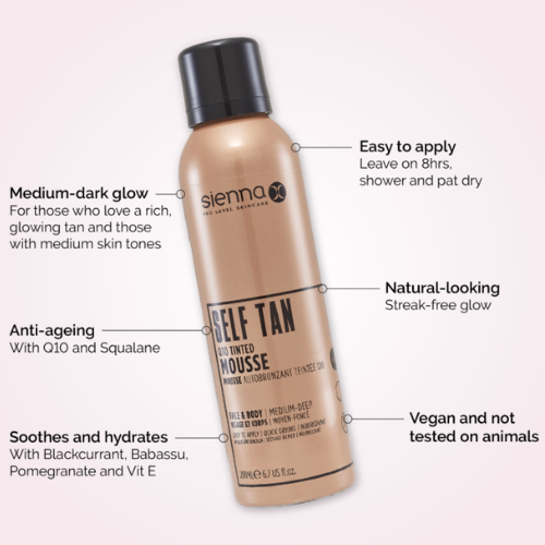 Greitai džiūstančios įdegio putos, suteikiančios natūraliai atrodantį įdegį Savaiminio įdegio putos su atspalviu SIENNA X Q10 TINTED MOUSEE, 200 ml | Mano Vaistinė