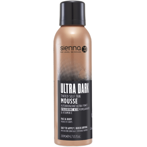 Skirtos natūraliai ir tolygiai suteikti odai įdegio atspalvį Savaiminio įdegio putos su atspalviu SIENNA X ULTRA DARK TINTED MOUSEE, 200 ml | Mano Vaistinė