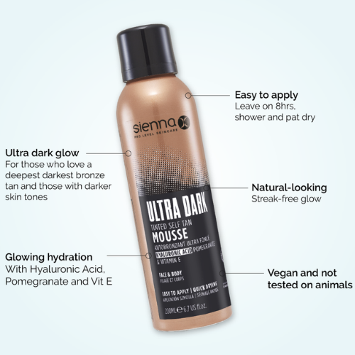 Skirtos natūraliai ir tolygiai suteikti odai įdegio atspalvį Savaiminio įdegio putos su atspalviu SIENNA X ULTRA DARK TINTED MOUSEE, 200 ml | Mano Vaistinė