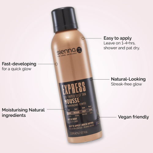 Palikite 1–4 valandas, tada nusiplaukite Savaiminio įdegio putos su atspalviu SIENNA X EXPRESS Q10 TINTED MOUSEE, 200 ml | Mano Vaistinė