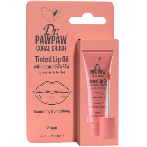 Aliejus lūpoms suteikia itin žvilgantį, spindinti efektą Lūpų aliejus su atspalviu DR. PAWPAW CORAL CRUSH, 8 ml | Mano Vaistinė
