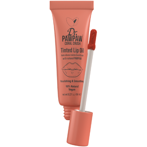 Aliejus lūpoms suteikia itin žvilgantį, spindinti efektą Lūpų aliejus su atspalviu DR. PAWPAW CORAL CRUSH, 8 ml | Mano Vaistinė