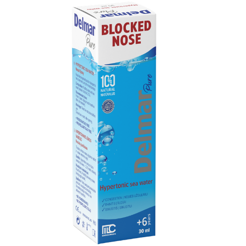 Hipertoninis jūros vanduo stipriai drėkina nosies ertmes Hipertoninis jūros vandens nosies purškalas DELMAR PURE, 30 ml | Mano Vaistinė