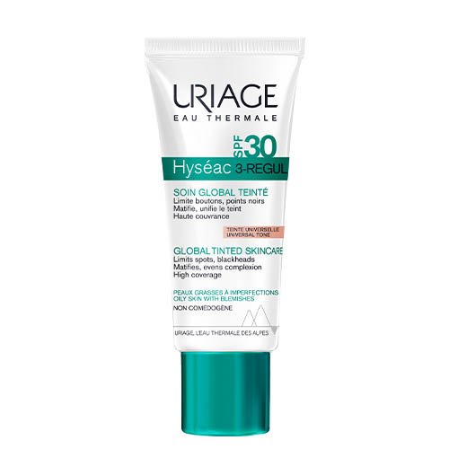 kremas riebiai, spuoguotai, su užsikimšusiomis poromis veido odai URIAGE Hyseac 3-Regular Global SPF30+ kremas su atspalviu, 40ml | Mano Vaistinė