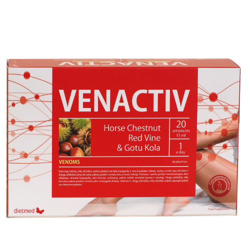 Kaštonų sėklų ekstraktas, vynmedžių sėklų ekstraktas, Gotu Kola Kojų venoms VENACTIV, 15ml, 20 but. | Mano Vaistinė