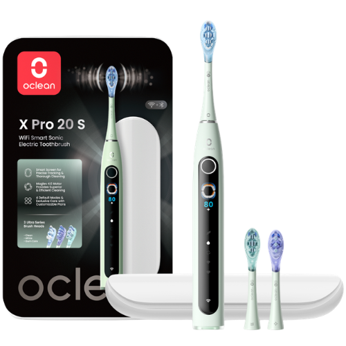Rinkitės iš 4 nustatytų režimų arba leiskite dirbtiniam intelektui sukurti individualų valymo planą Išmanusis elektrinis dantų šepetėlio rinkinys OCLEAN X PRO 20 SET (žalias) | Mano Vaistinė