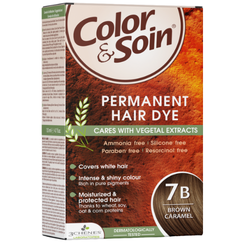 Pažeistiems ir silpniems plaukams. Tinka besilaukiančioms, žindančioms Ilgalaikiai plaukų dažai COLOR & SOIN, karamelinė ruda (7B), 135 ml | Mano Vaistinė