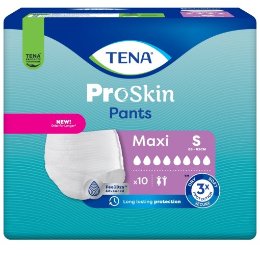 Triguba apsauga nuo pratekėjimo, kvapo ir drėgmės Sauskelnės - kelnaitės TENA PANTS MAXI, S, 10 vnt. | Mano Vaistinė
