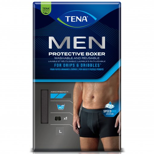 Su integruota apsauga nuo negausių šlapimo ištekėjimų Vyriškos apsauginės kelnaitės TENA MEN PROTECTIVE BOXER BLACK, L dydis, 1 vnt. | Mano Vaistinė