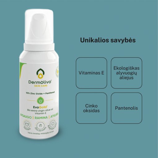 Be dažiklių ir kvapiųjų medžiagų Putos su cinko oksidu ir pantenoliu DERMOLIVO, 100 ml | Mano Vaistinė