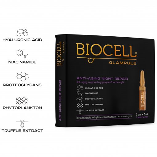 Padeda atkurti odos drėgmę ir gyvybingumą Serumas nakčiai BIOCELL GLAMPULE ANTI-AGING NIGHT REPAIR, 2x2ml | Mano Vaistinė