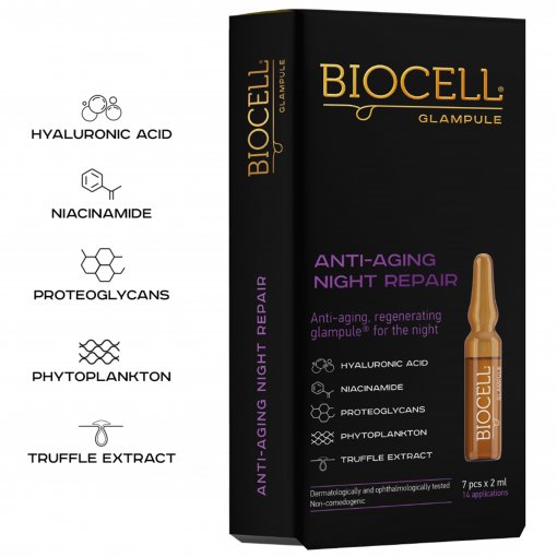 Padeda atkurti odos drėgmę ir gyvybingumą Serumas nakčiai BIOCELL GLAMPULE ANTI-AGING NIGHT REPAIR, 7x2ml | Mano Vaistinė