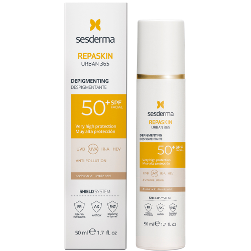 Lengva kreminė tekstūra greitai susigeria į odą Apsauginis veido kremas pigmentuotai odai SESDERMA REPASKIN URBAN 365 SPF50+, 50 ml | Mano Vaistinė