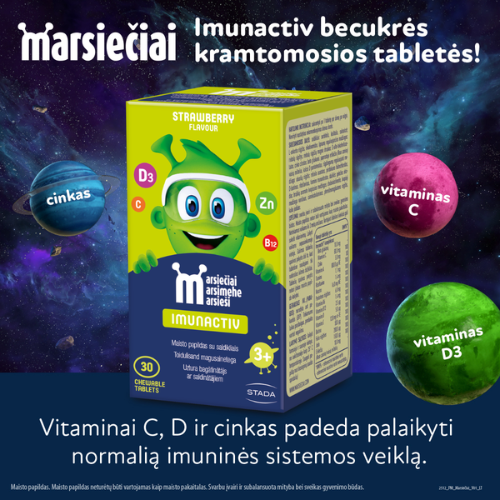 Vitaminų ir mineralų kompleksas vaikų imunitetui. Braškių skonio. Vaikams MARSIEČIAI IMUNACTIV braškių skonio, 30 kramtomų tablečių  | Mano Vaistinė