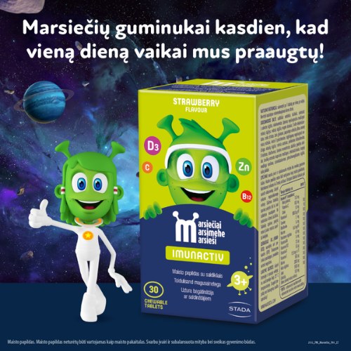 Vitaminų ir mineralų kompleksas vaikų imunitetui. Braškių skonio. Vaikams MARSIEČIAI IMUNACTIV braškių skonio, 30 kramtomų tablečių  | Mano Vaistinė