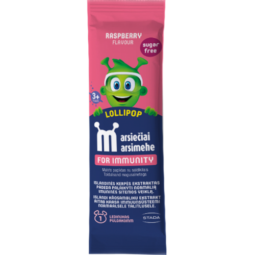 Su Islandinių kerpių ir vaistinių Svilarožių ekstraktais Vitaminų ledinukas MARSIEČIAI LOLLIPOPS, aviečių skonio | Mano Vaistinė