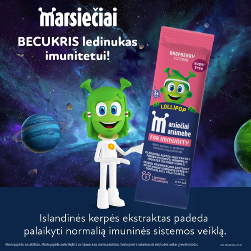 Su Islandinių kerpių ir vaistinių Svilarožių ekstraktais Vitaminų ledinukas MARSIEČIAI LOLLIPOPS, aviečių skonio | Mano Vaistinė