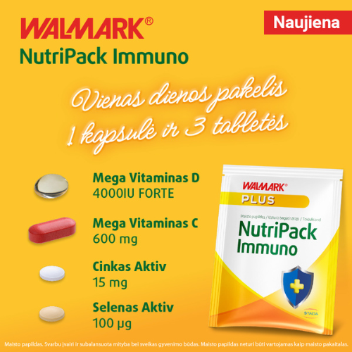 1 paketėlis per dieną Vitaminas D, C, cinkas ir selenas imuninei sistemai WALMARK NUTRIPACK, 30 pak.  | Mano Vaistinė