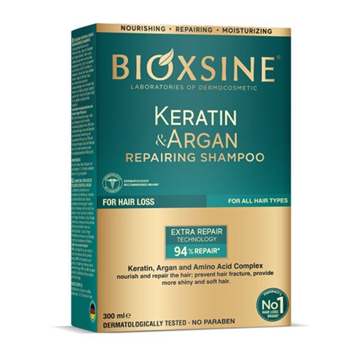 Atstatomasis plaukų šampūnas su keratinu ir argano aliejumi nuo plaukų slinkimo BIOXSINE, 300 ml | Mano Vaistinė