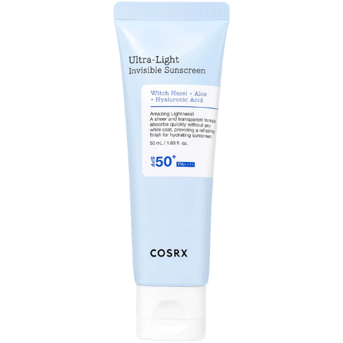 Drėkina, ramina veido odą ir nepalieka baltų dėmių ir lipnumo pojūčio Apsauginis kremas nuo saulės COSRX ULTRA-LIGHT INVISIBLE SPF50 PA++++, 50 ml | Mano Vaistinė