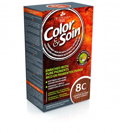 Pažeistiems ir silpniems plaukams. Tinka besilaukiančioms, žindančioms Ilgalaikiai plaukų dažai COLOR & SOIN, vario blondinė (8C), 135 ml | Mano Vaistinė