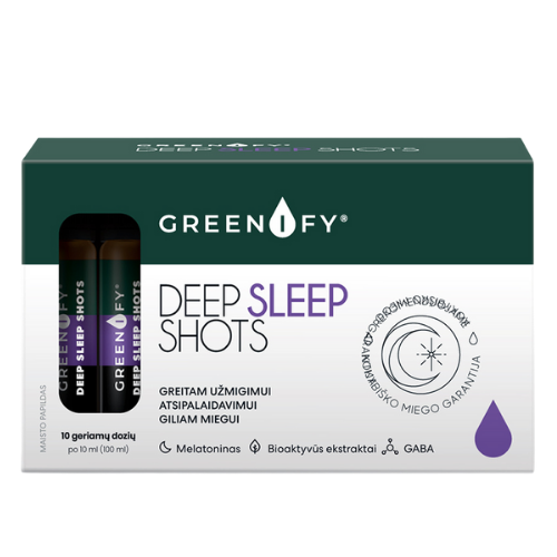 Apynių spurgų, melisų lapų, pasiflorų žiedų ekstraktai Kompleksas su melatoninu giliam miegui GREENIFY DEEP SLEEP SHOTS, 10 but. | Mano Vaistinė