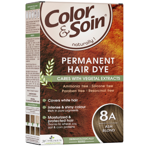 Pažeistiems ir silpniems plaukams. Tinka besilaukiančioms, žindančioms Ilgalaikiai plaukų dažai COLOR & SOIN, pelenų blondinė (8A), 135 ml | Mano Vaistinė