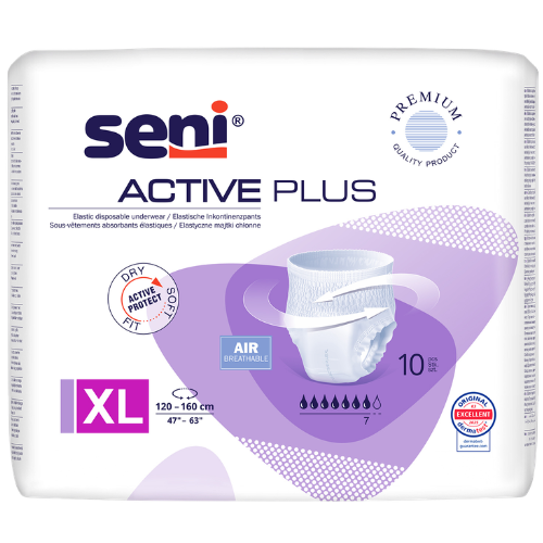 Sauskelnės, kelnaitės ir įklotai Sauskelnės-kelnaitės SENI ACTIVE PLUS PREMIUM, XL dydis, 10 vnt. | Mano Vaistinė