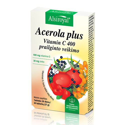 Mėnesio kursas Prailginto veikimo papildas ALSIROYAL ACEROLA PLUS VITAMIN C 400, 30 tab. | Mano Vaistinė