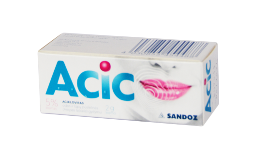 Kremas nuo puslelinės odai Acic 5 % kremas lūpų puslelinei gydyti,  2 g | Mano Vaistinė