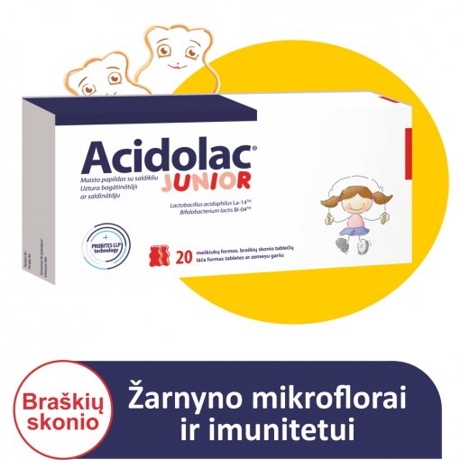 Pieno rūgšties bakterijų preparatas ACIDOLAN JUNIOR (braškių skonio), 20 meškiuko formos tablečių | Mano Vaistinė