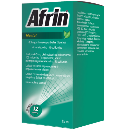 Mažina nosies užsikimšimą Nosies purškalas Afrin Menthol 0,5mg/ml, 15ml | Mano Vaistinė Mažina nosies užsikimšimą Nosies purškalas Afrin Menthol 0,5mg/ml, 15ml | Mano Vaistinė