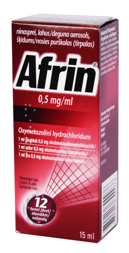 Vaistas užsikimšusiai nosiai Afrin 0,5 mg/ml nosies purškalas (tirpalas), 15 ml | Mano Vaistinė
