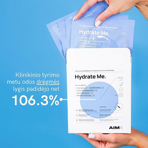 Greito poveikio lakštinė veido kaukė Giliai drėkinanti veido kaukė su peptidais AIMX HYDRATE ME | Mano Vaistinė