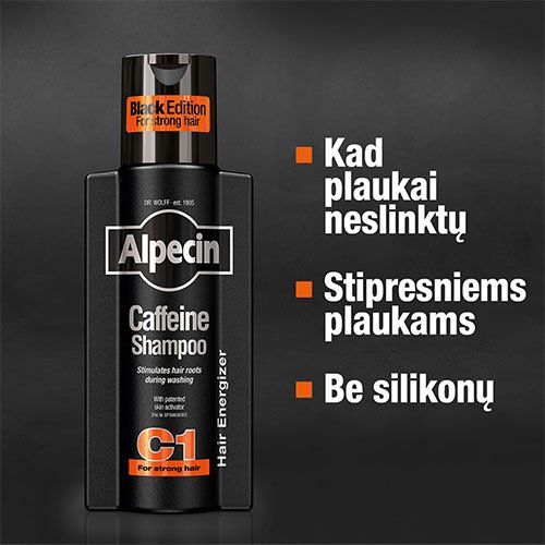 ALPECIN šampūnas su kofeinu nuo plaukų slinkimo BLACK EDITION, 250ml | Mano Vaistinė