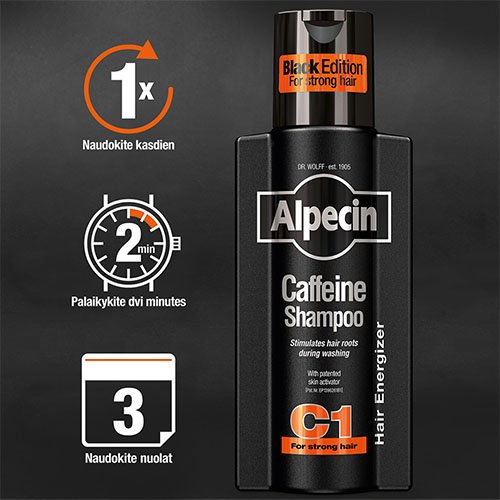 ALPECIN šampūnas su kofeinu nuo plaukų slinkimo BLACK EDITION, 250ml | Mano Vaistinė