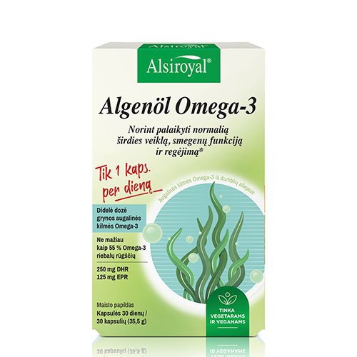 Grynos augalinės kilmės Širdžiai, smegenims, akims ALSIROYAL ALGENOL OMEGA-3, 30 kaps. | Mano Vaistinė