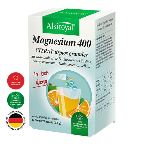 Su vitaminais D3 ir B1 Organinio magnio šaltinis ALSIROYAL MAGNESIUM 400 CITRAT, 20 pakelių (5 g) | Mano Vaistinė